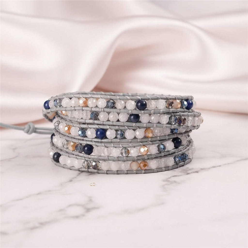 Natural Stone & Leather Wrap Bohemian Bracelet-Black Diamonds New York