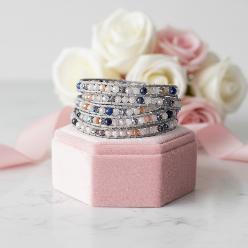 Natural Stone & Leather Wrap Bohemian Bracelet-Black Diamonds New York