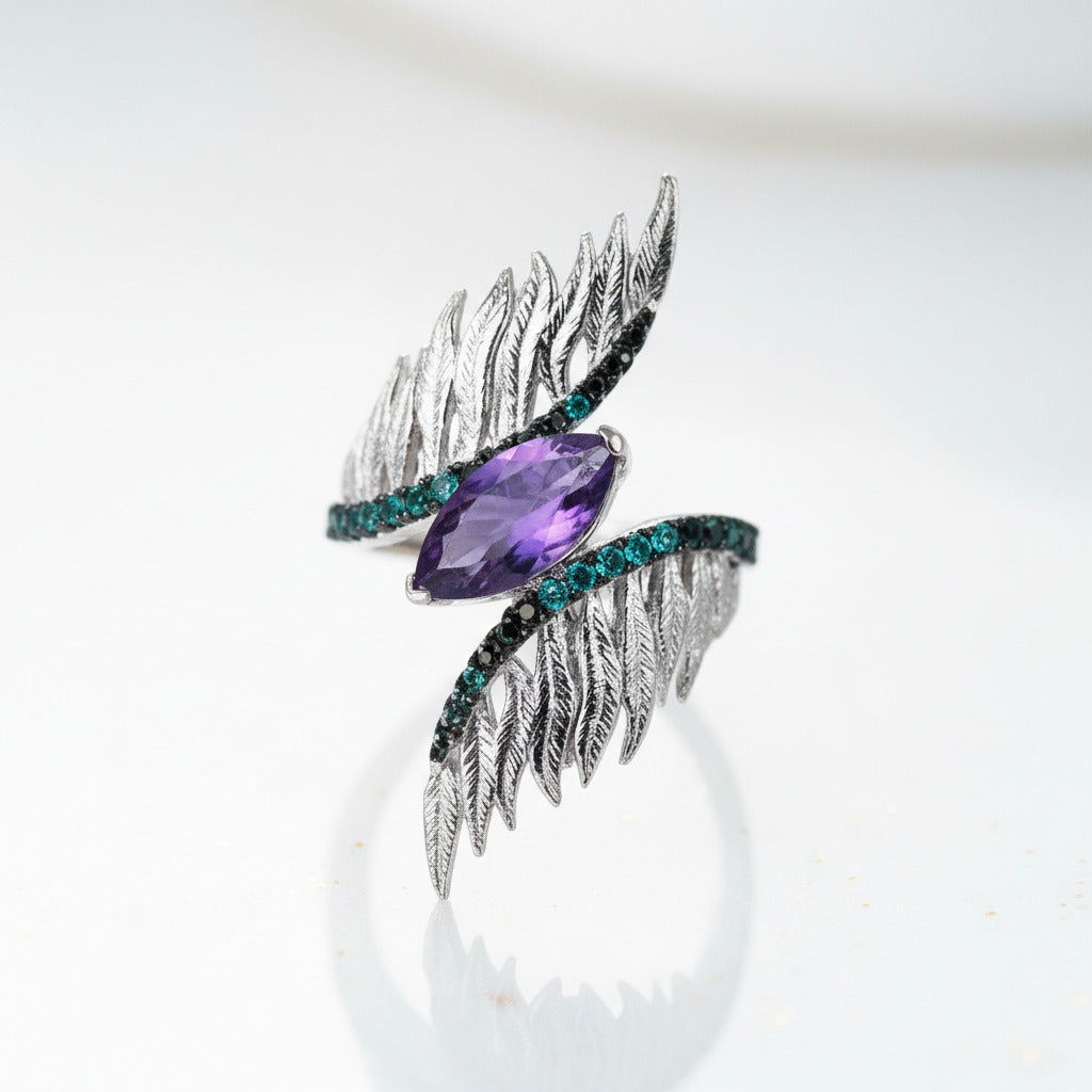 Stones Angel Wings Feather Vintage Ring-Black Diamonds New York