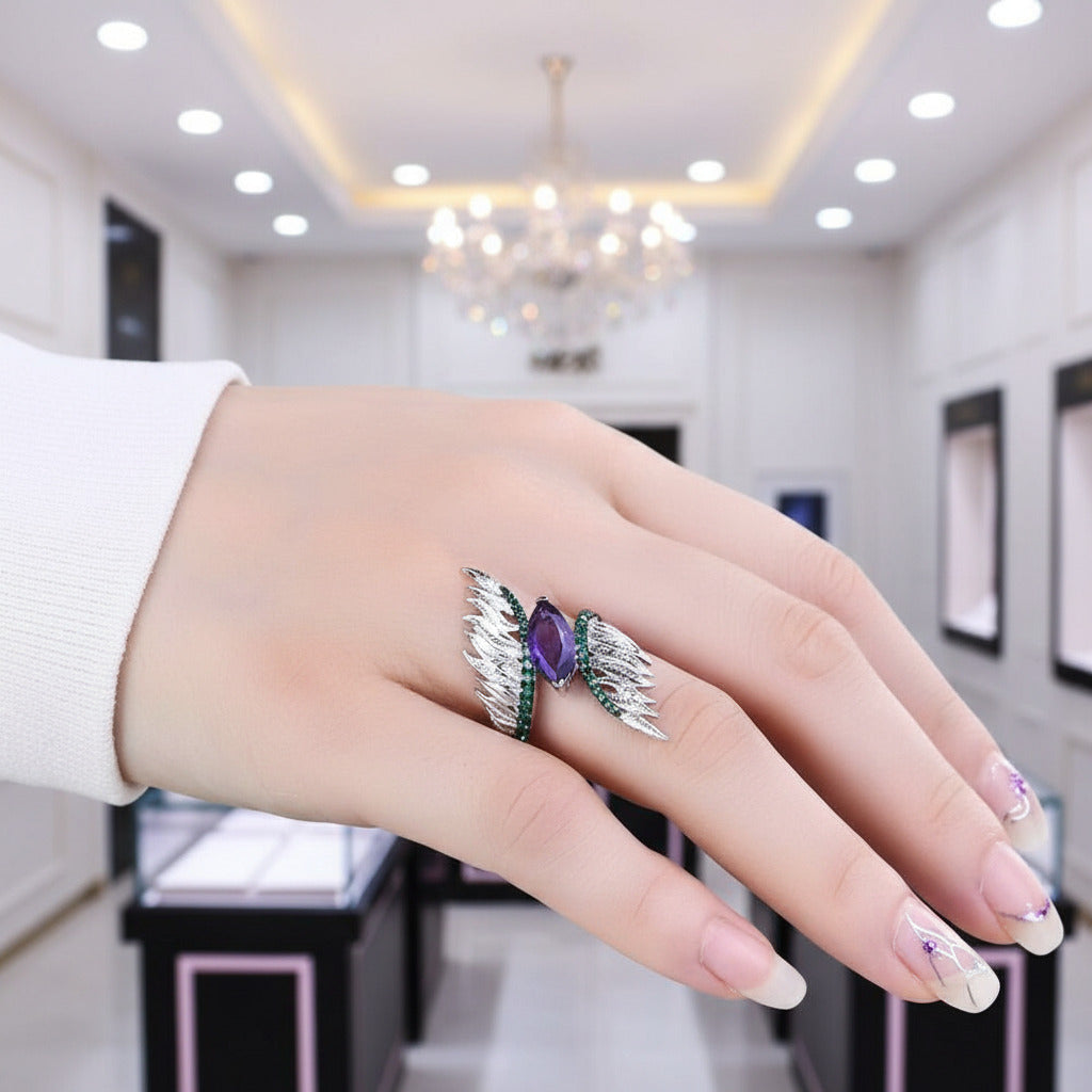 Stones Angel Wings Feather Vintage Ring-Black Diamonds New York