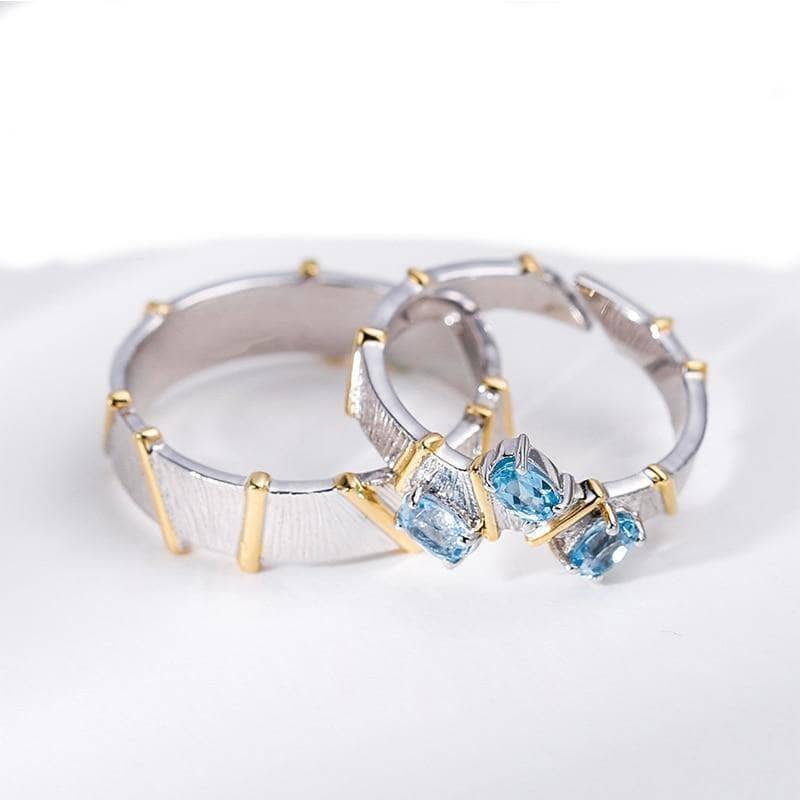 Natural Swiss Blue Topaz Cross Adjustable Couple Rings-Black Diamonds New York