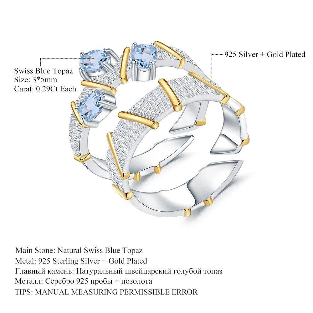 Natural Swiss Blue Topaz Cross Adjustable Couple Rings-Black Diamonds New York