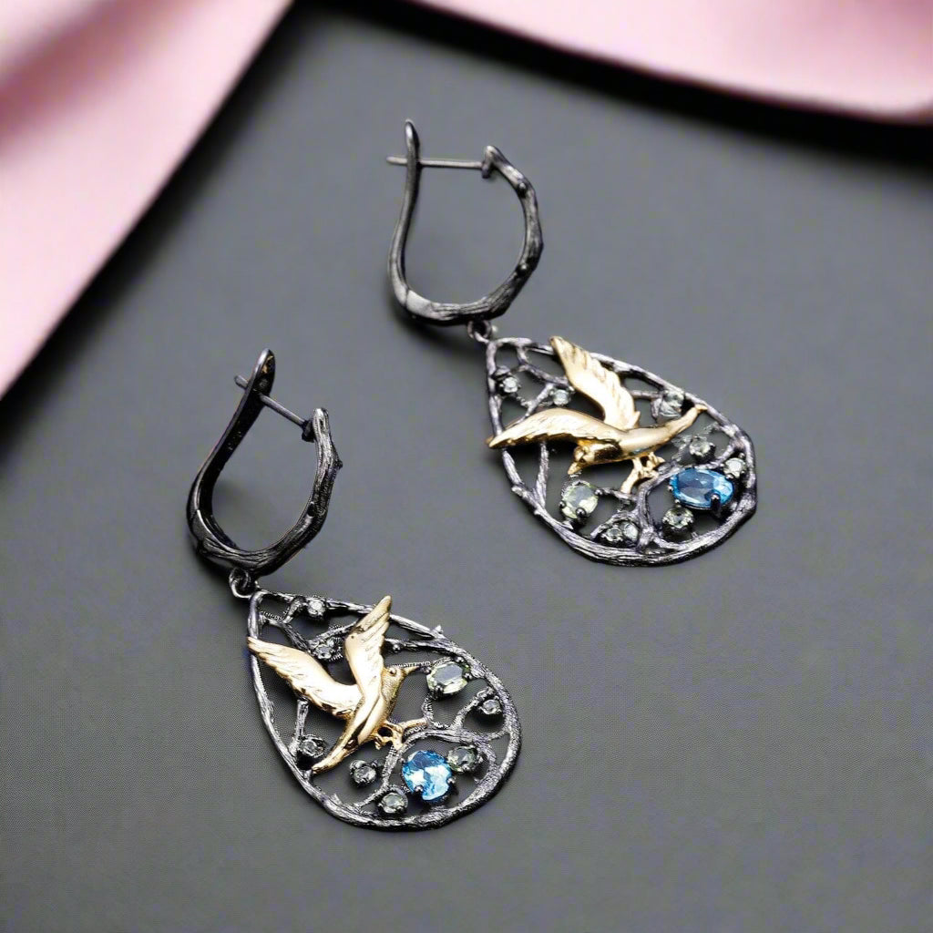 Natural Swiss Blue Topaz Gemstones Handmade Bird on the Tree Drop Earrings-Black Diamonds New York