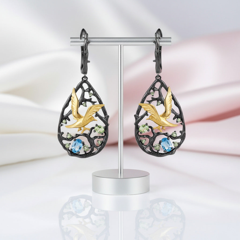 Swiss Blue Topaz Gemstones Handmade Bird on the Tree Drop Earrings-Black Diamonds New York