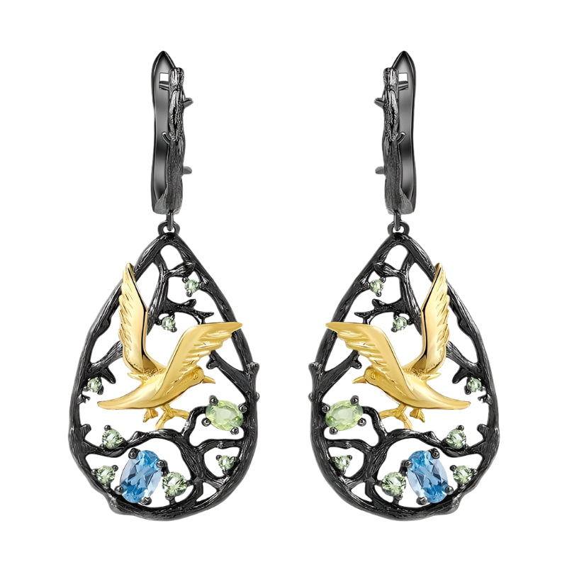 Natural Swiss Blue Topaz Gemstones Handmade Bird on the Tree Drop Earrings-Black Diamonds New York