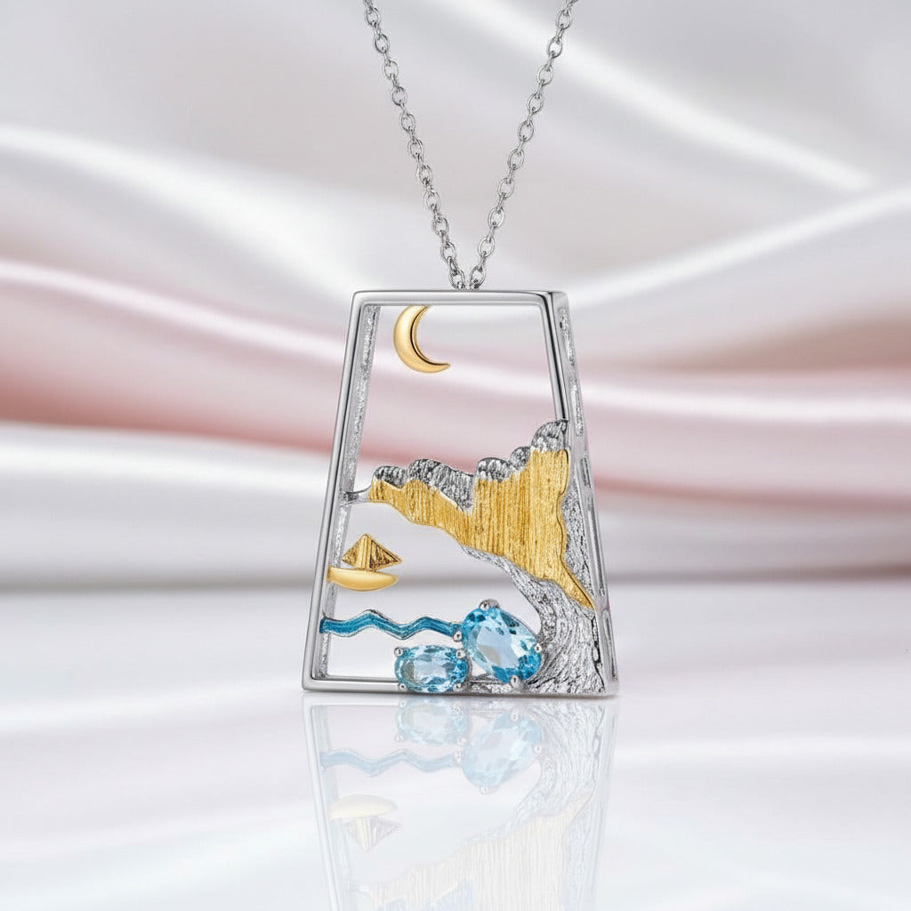 Natural Swiss Blue Topaz Genuine Necklace-Black Diamonds New York