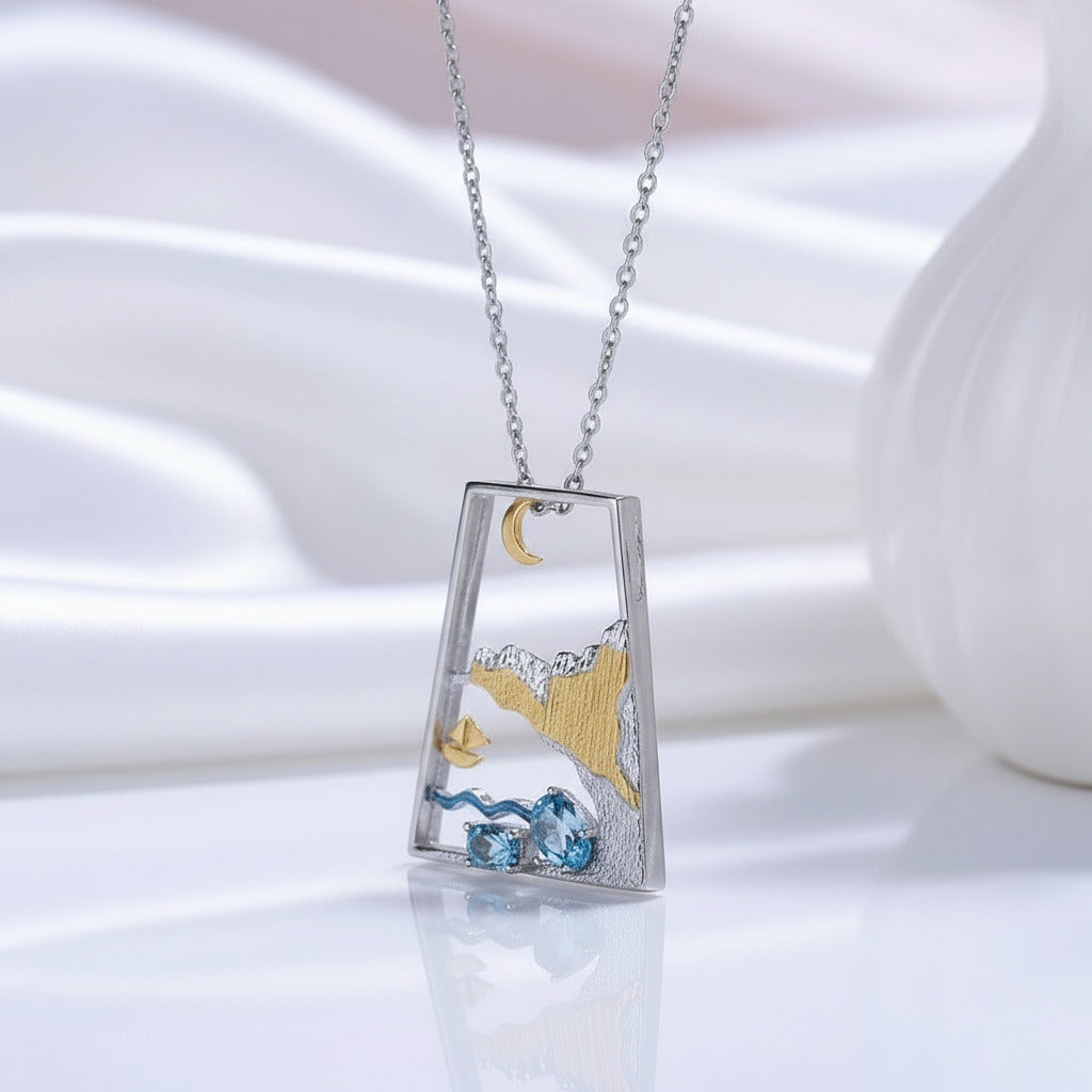 Natural Swiss Blue Topaz Genuine Necklace-Black Diamonds New York