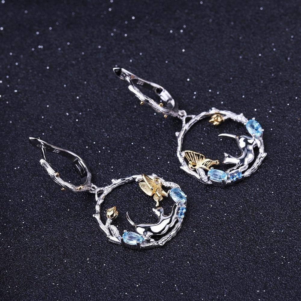 Natural Swiss Blue Topaz Handmade Cat & Cupid Ring Jewelry Set-Black Diamonds New York