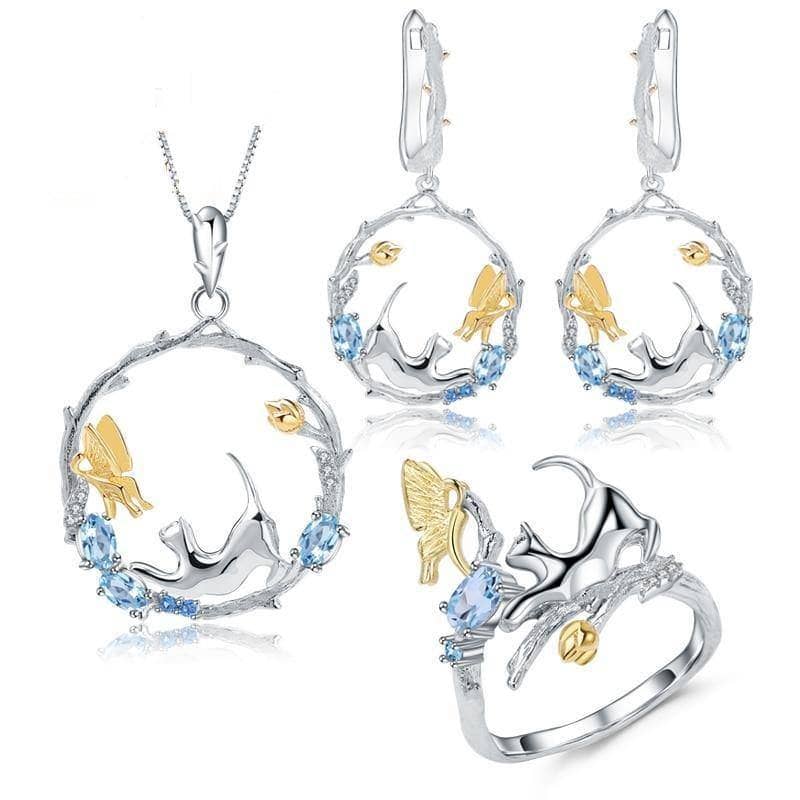 Natural Swiss Blue Topaz Handmade Cat & Cupid Ring Jewelry Set-Black Diamonds New York