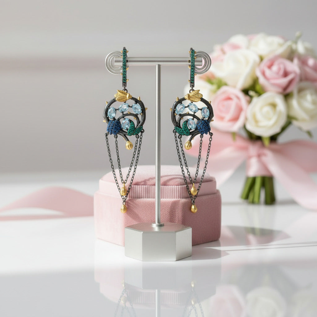 Swiss Blue Topaz Handmade Gold Bee on Branch Drop Earrings-Black Diamonds New York