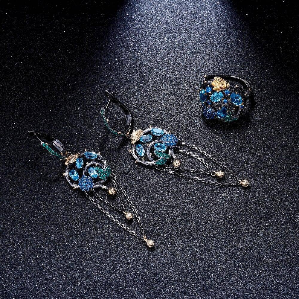 Natural Swiss Blue Topaz Handmade Gold Bee on Branch Drop Earrings-Black Diamonds New York