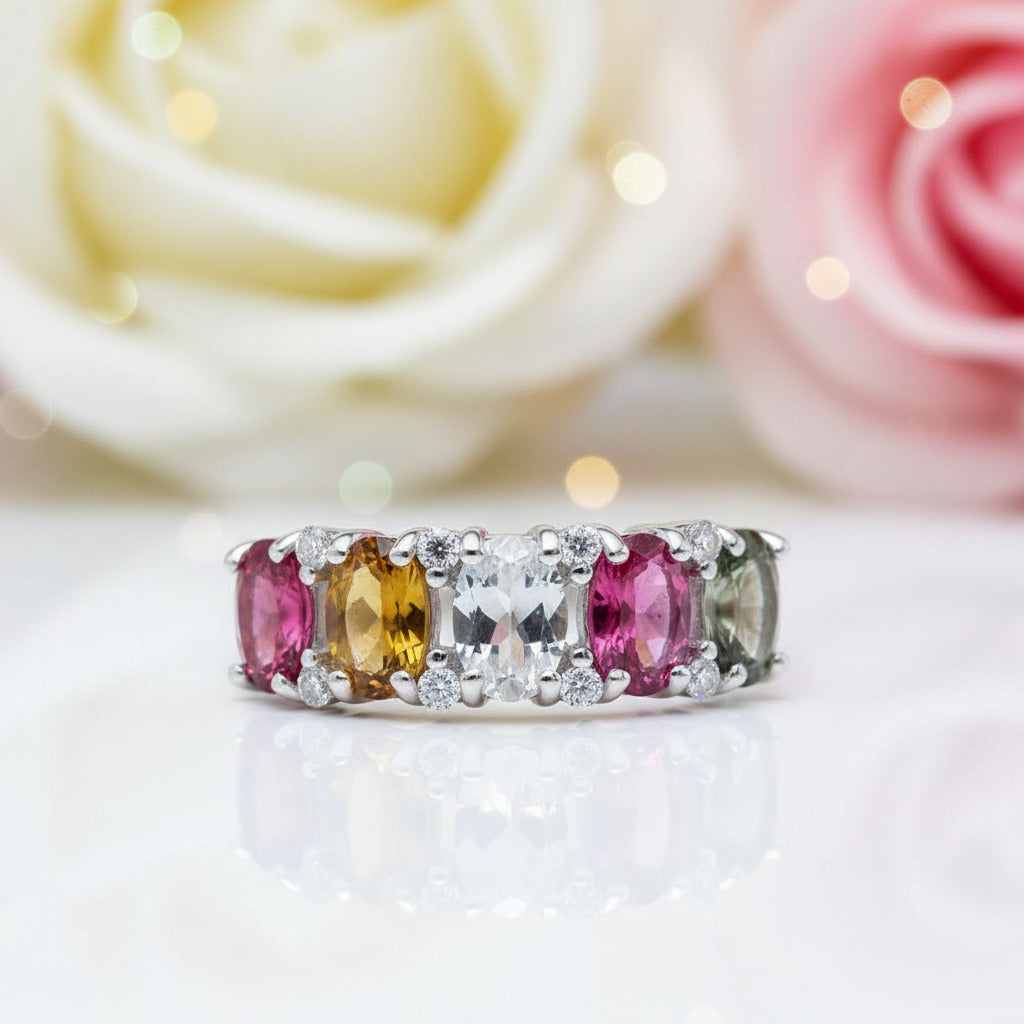 Natural Tourmaline Gemstone Wedding Ring Band-Black Diamonds New York