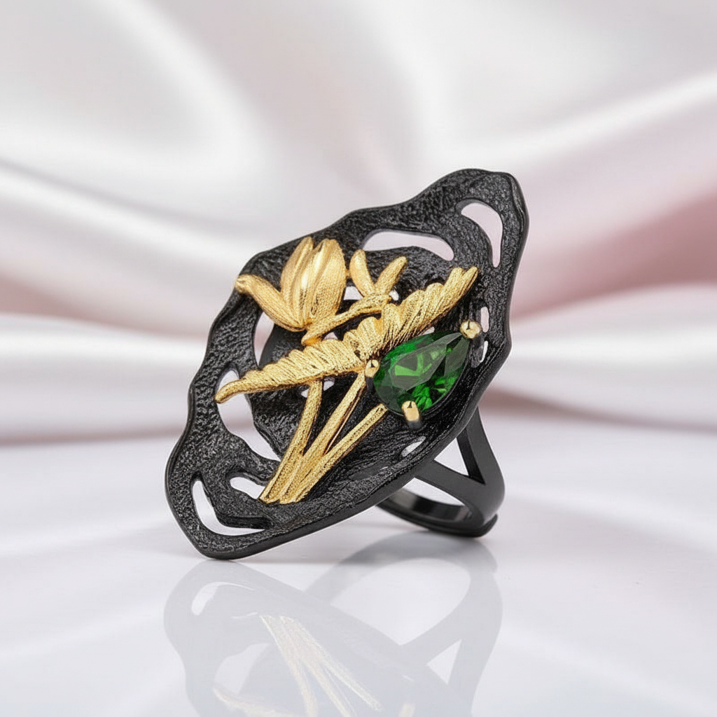 Nature Chrome Diopside Adjustable Cocktail Ring-Black Diamonds New York