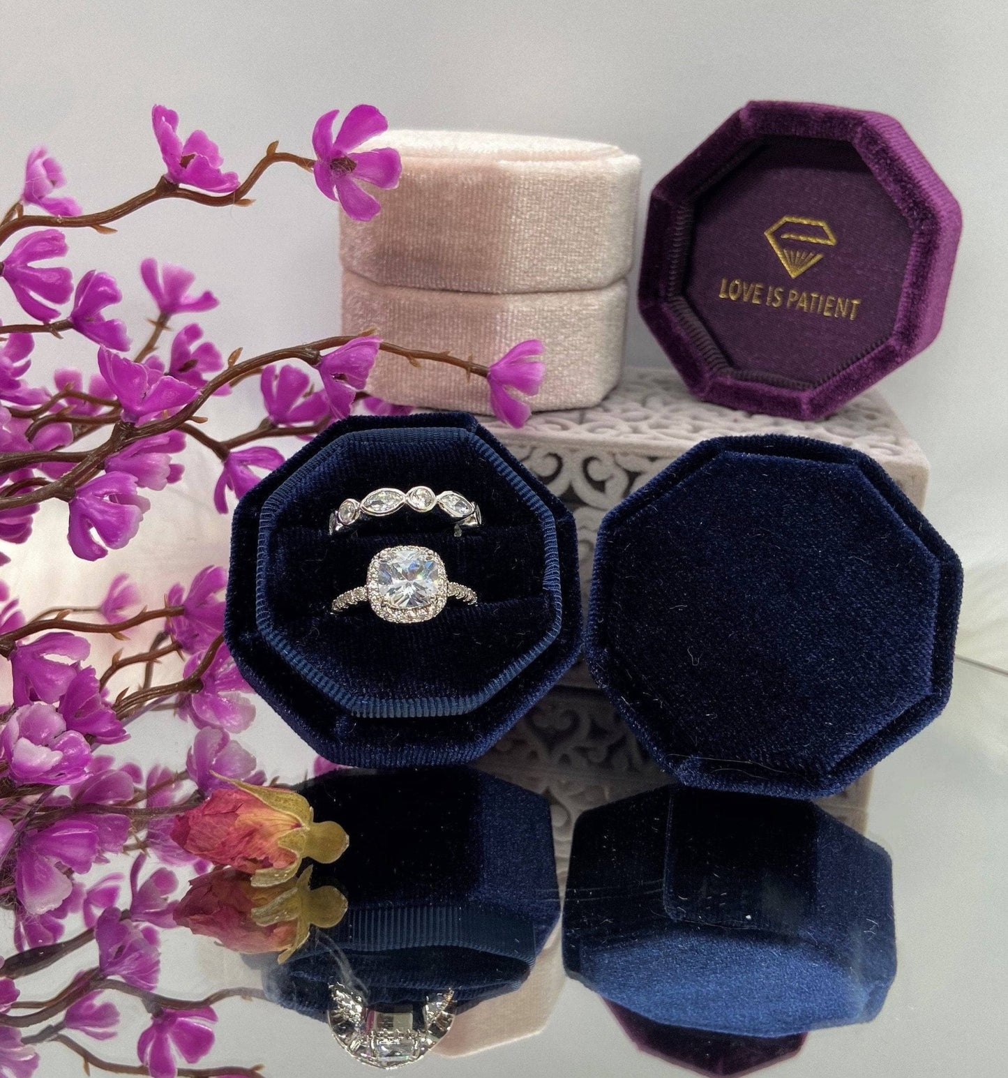Navy Blue Love Is Patient Double Ring Slots Octagon Velvet Ring Box-Black Diamonds New York