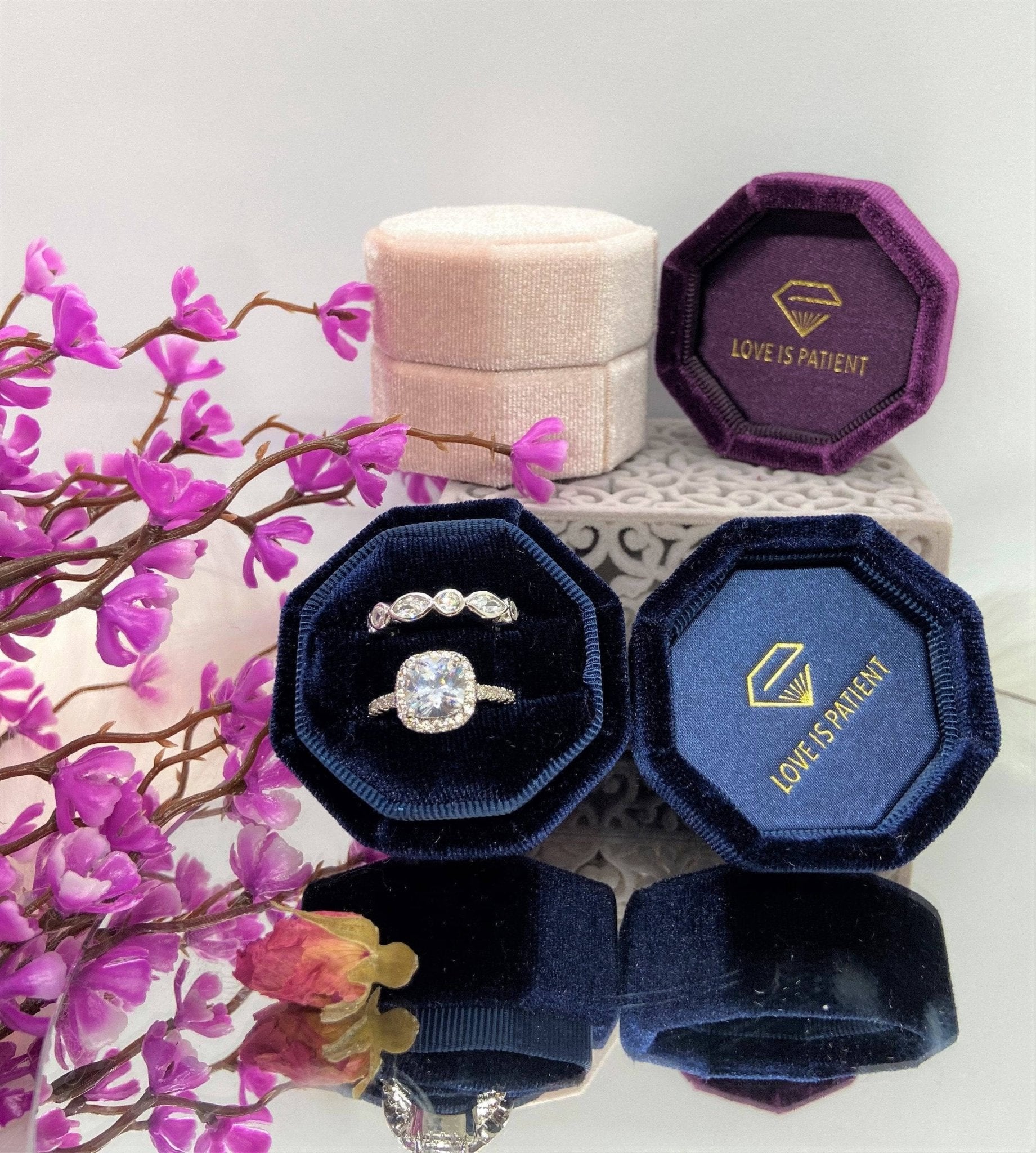 Navy Blue Love Is Patient Double Ring Slots Octagon Velvet Ring Box-Black Diamonds New York