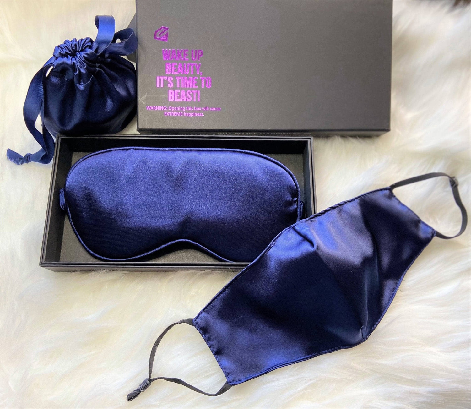 Navy Blue Silk Sleep Mask & Face Mask Luxe Gift Set-Black Diamonds New York