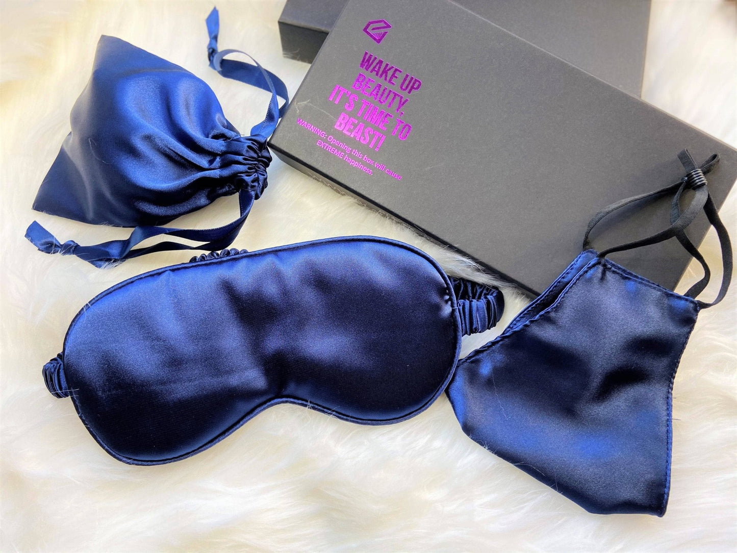 Navy Blue Silk Sleep Mask & Face Mask Luxe Gift Set