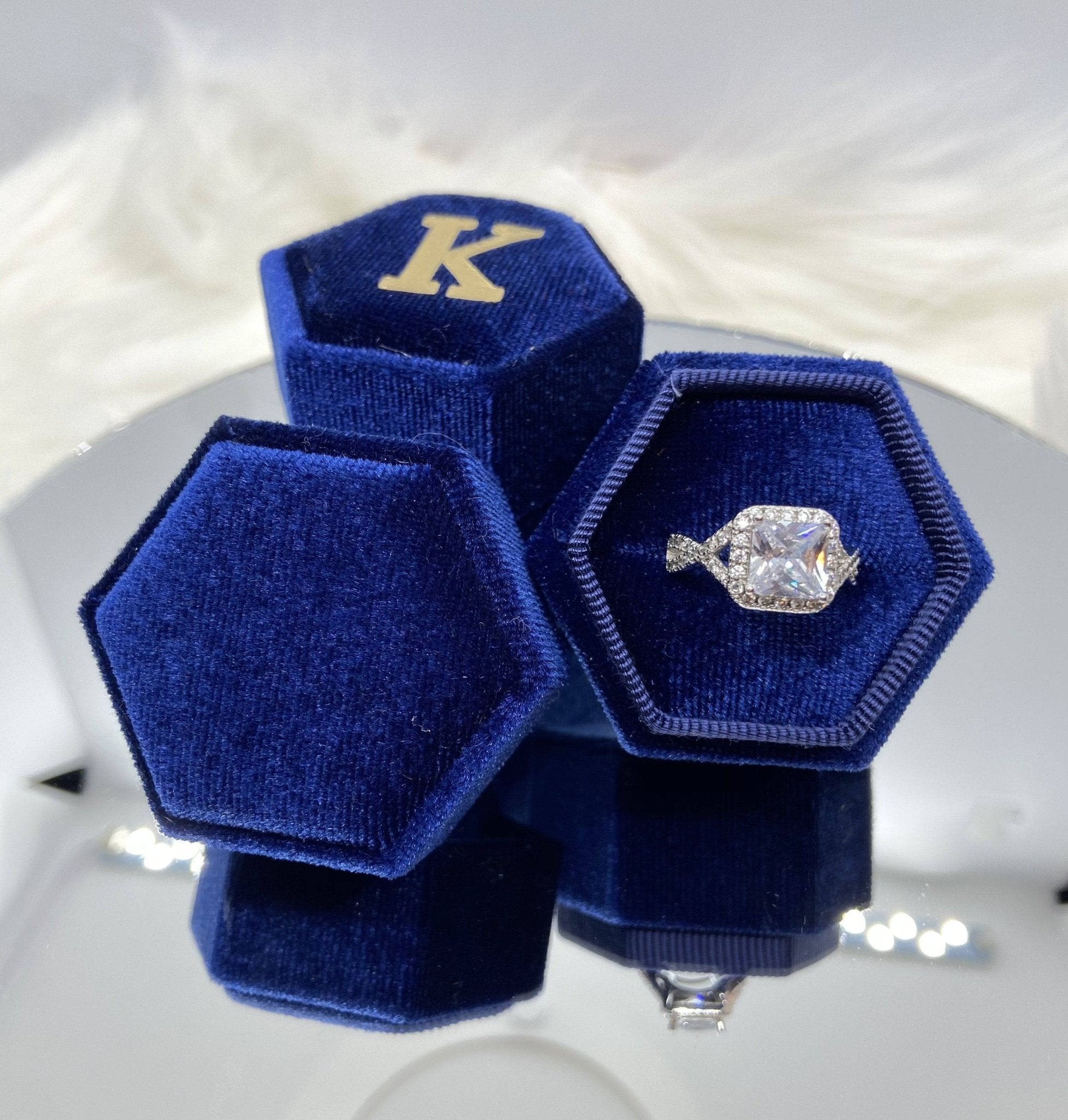 Navy Blue Single Slot Hexagon Velvet Ring Box-Black Diamonds New York