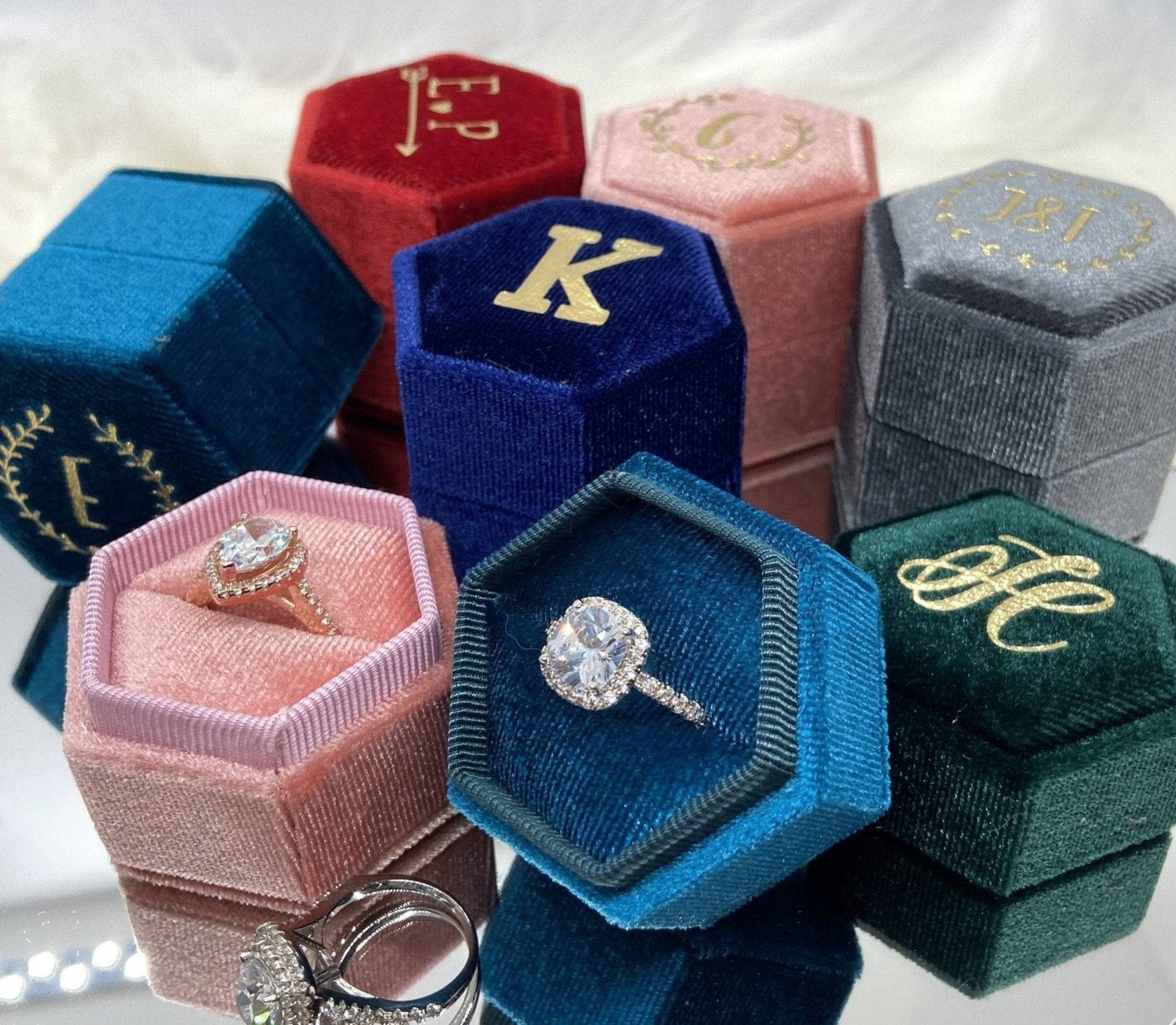 Navy Blue Single Slot Hexagon Velvet Ring Box-Black Diamonds New York