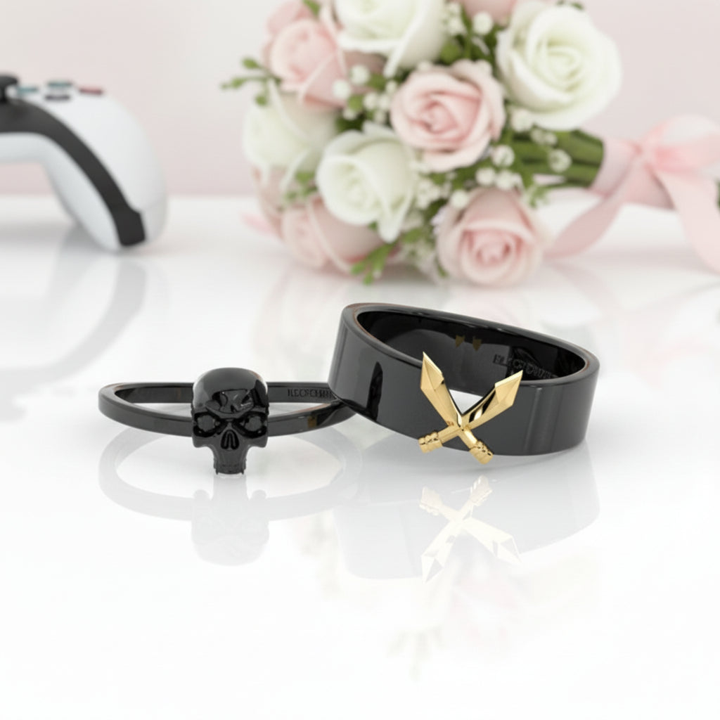 Necromancer's Couples Ring- 14k Rose Gold Video Game Inspired Rings-Black Diamonds New York