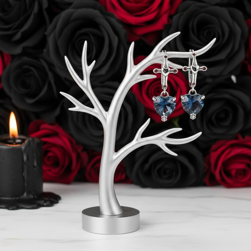 Neo-Gothic Heart & Cross Hoop Earrings-Black Diamonds New York