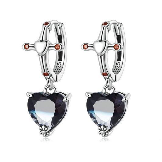 Neo-Gothic Heart & Cross Hoop Earrings-Black Diamonds New York