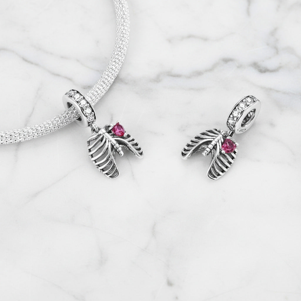Neo-Gothic Skeleton Ribs & Heart Charm-Black Diamonds New York
