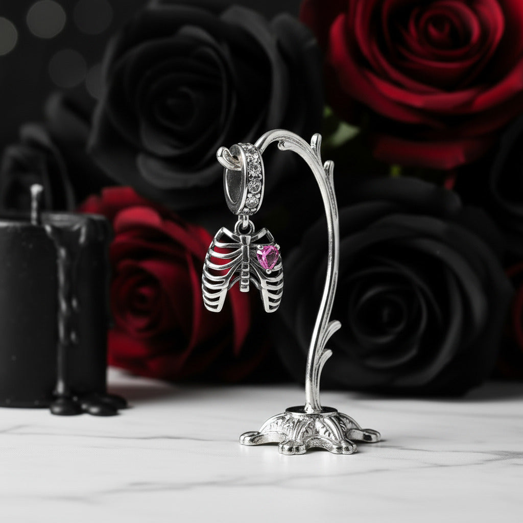 Neo-Gothic Skeleton Ribs & Heart Charm-Black Diamonds New York