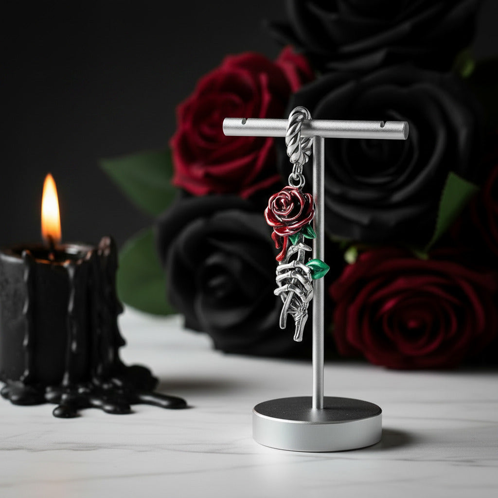 Neo-Gothic Skull & Enamel Blood Roses Charms-Black Diamonds New York