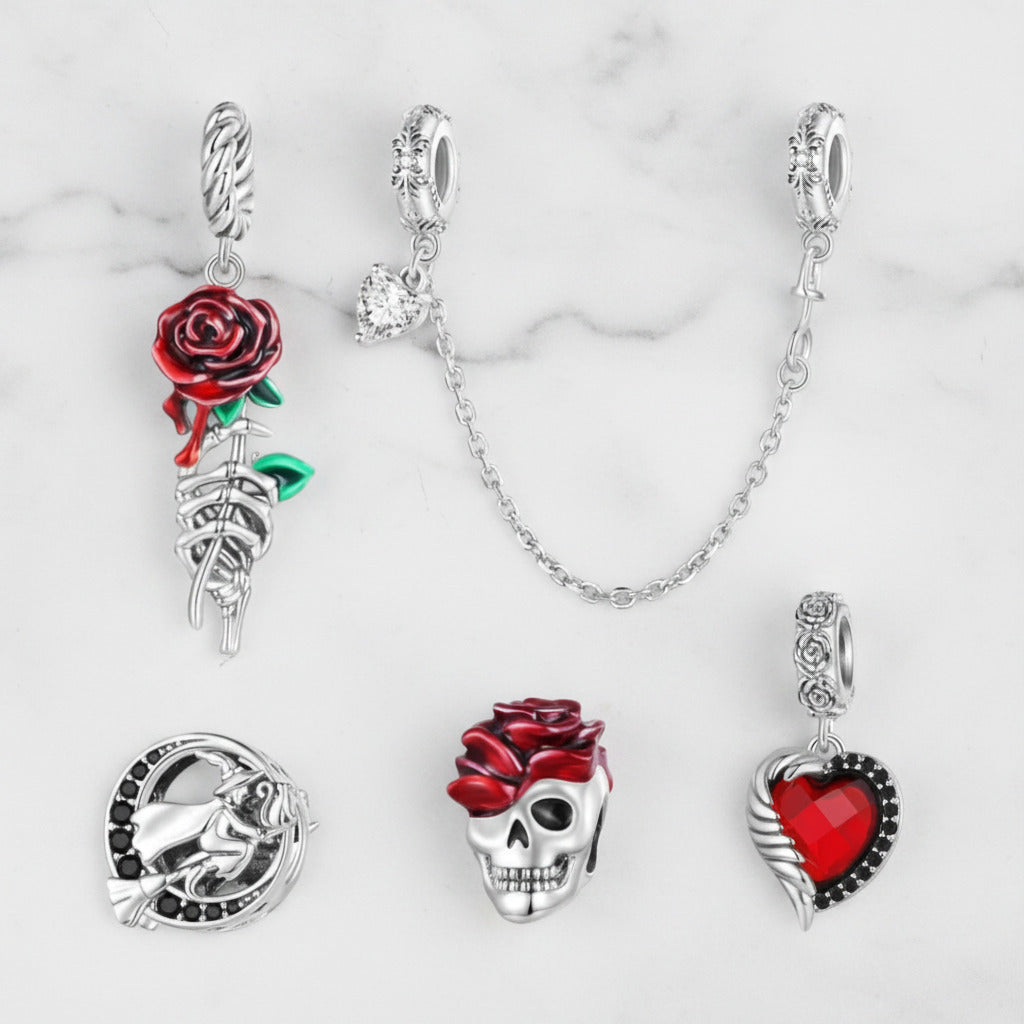 Neo-Gothic Skull & Enamel Blood Roses Charms-Black Diamonds New York