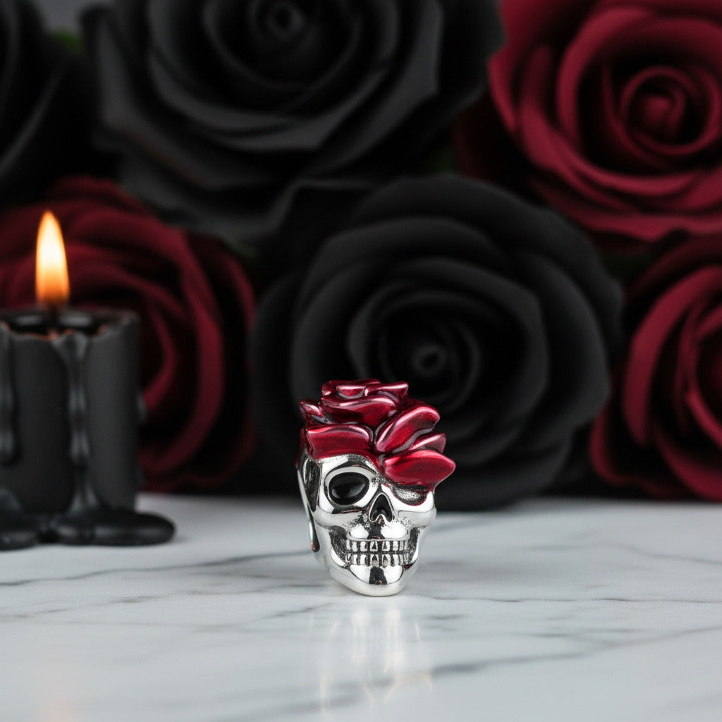 Neo-Gothic Skull & Enamel Blood Roses Charms-Black Diamonds New York