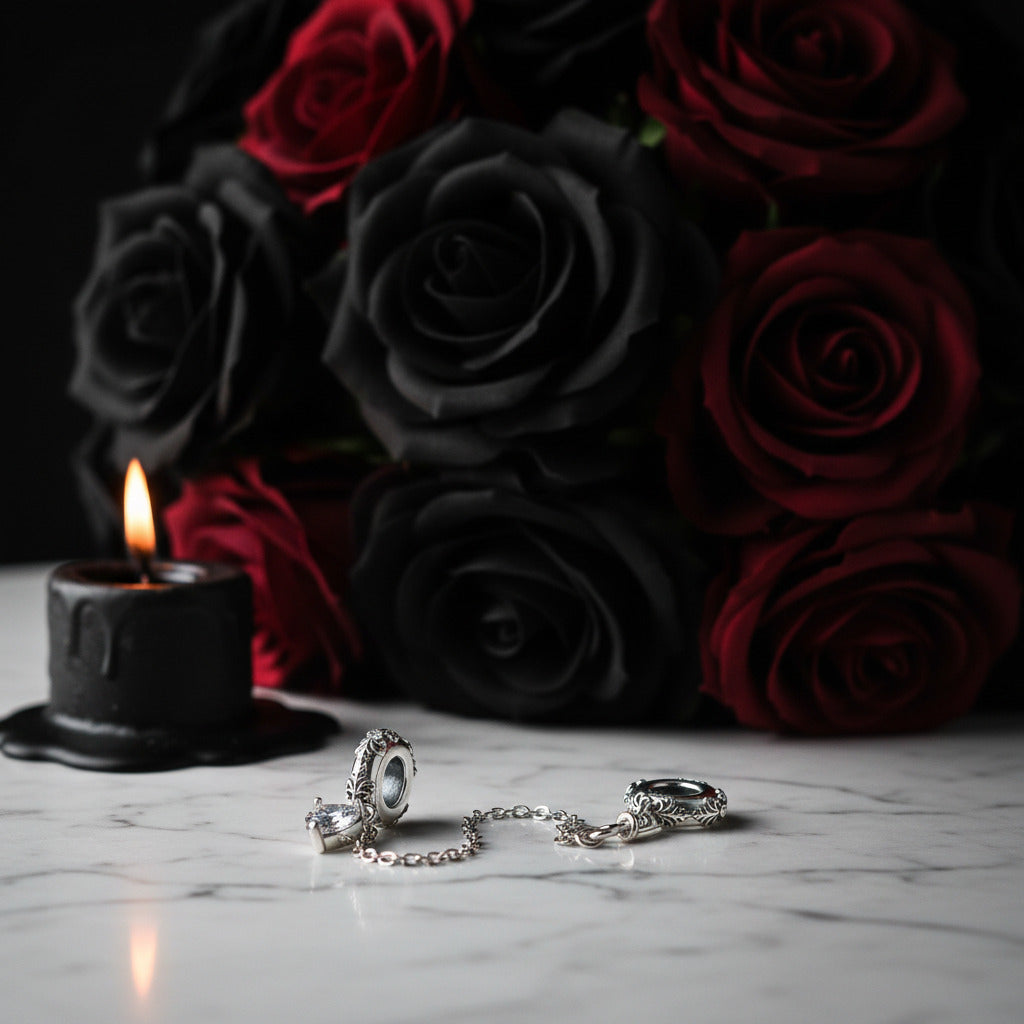 Neo-Gothic Skull & Enamel Blood Roses Charms-Black Diamonds New York