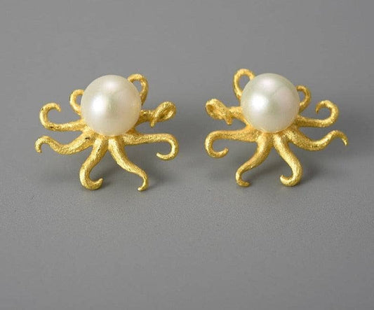 Octopus with Natural Pearl Stud Earrings-Black Diamonds New York