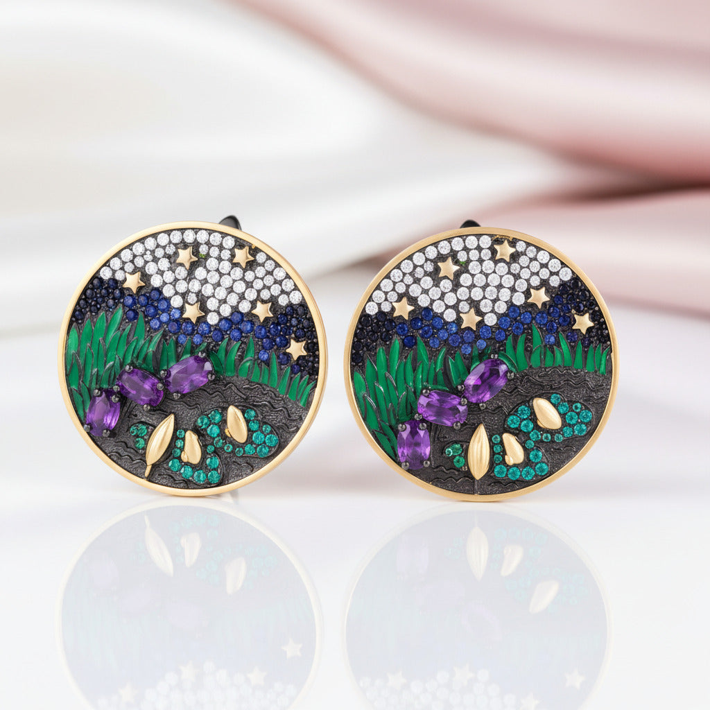 Oil Painting Design Needle Stud Earring-Black Diamonds New York