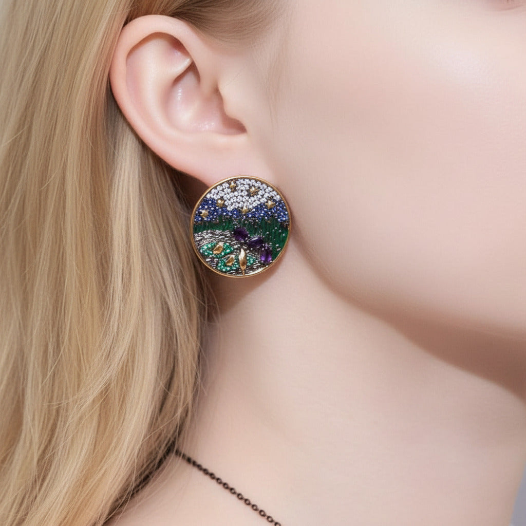 Oil Painting Design Needle Stud Earring-Black Diamonds New York