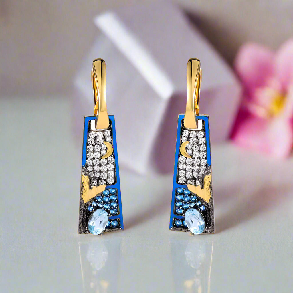 Oil Painting Night Hoop Earrings-Black Diamonds New York