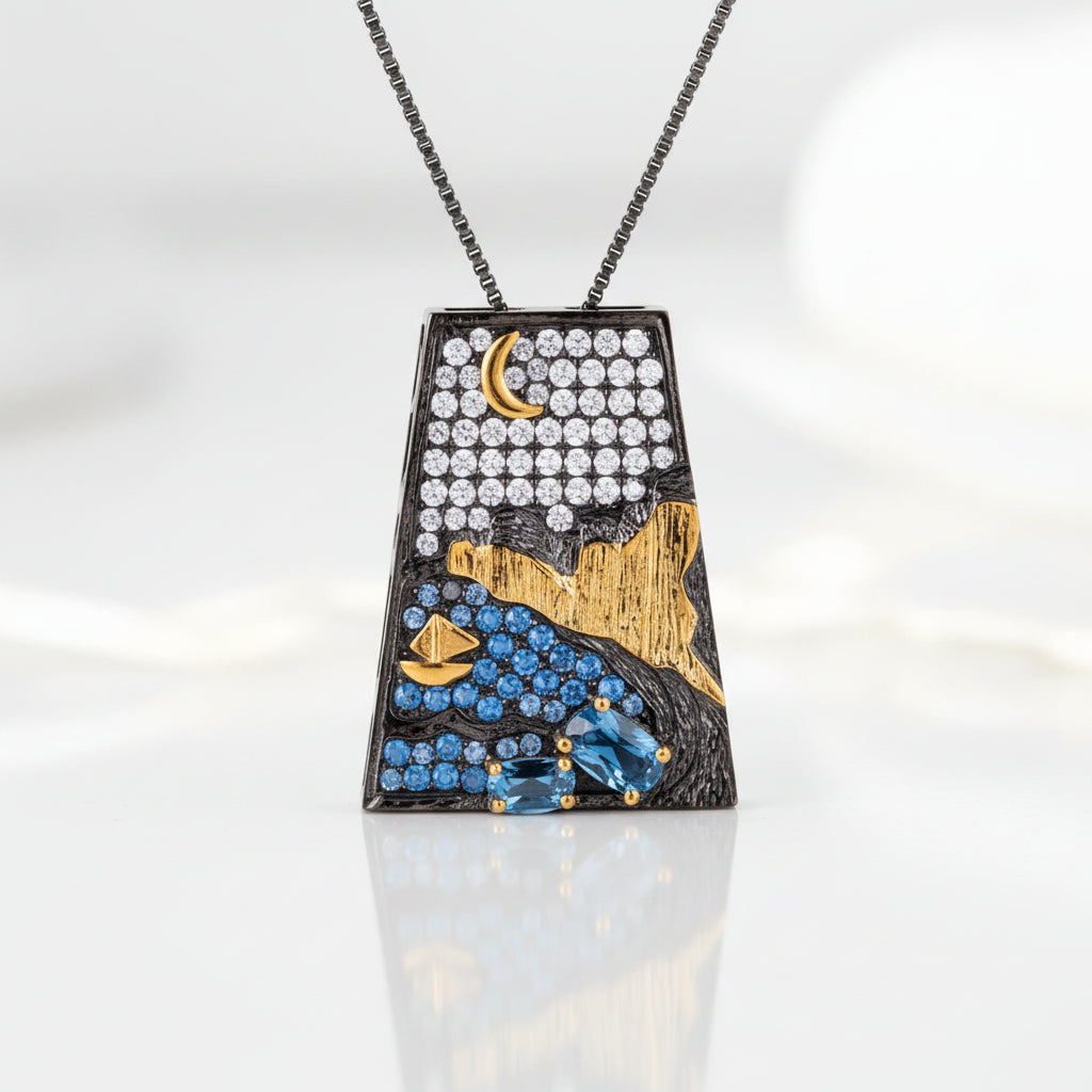 Oil Painting Night Pendant Necklace-Black Diamonds New York