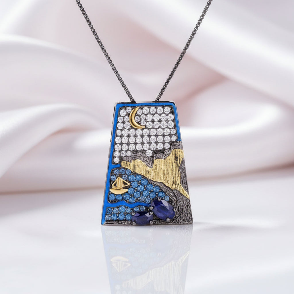 Oil Painting Night Pendant Necklace-Black Diamonds New York
