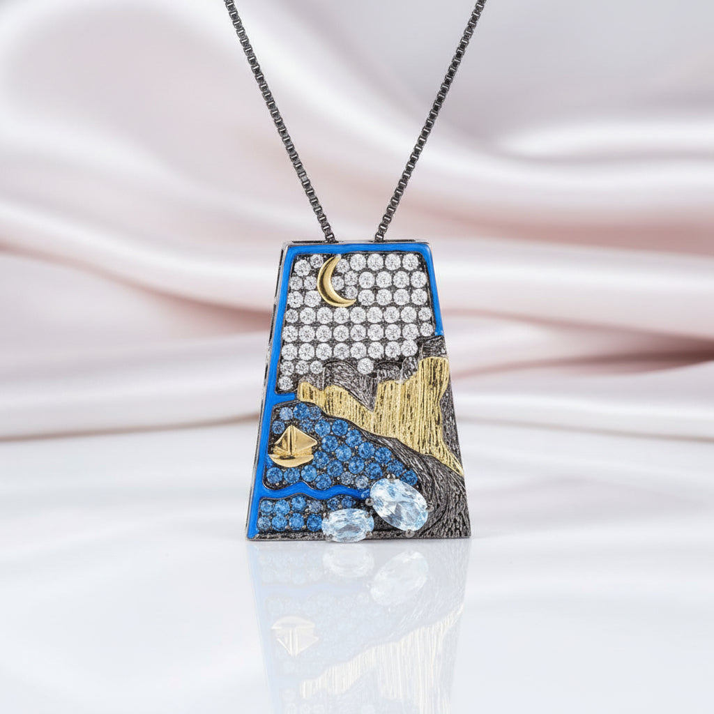 Oil Painting Night Pendant Necklace-Black Diamonds New York