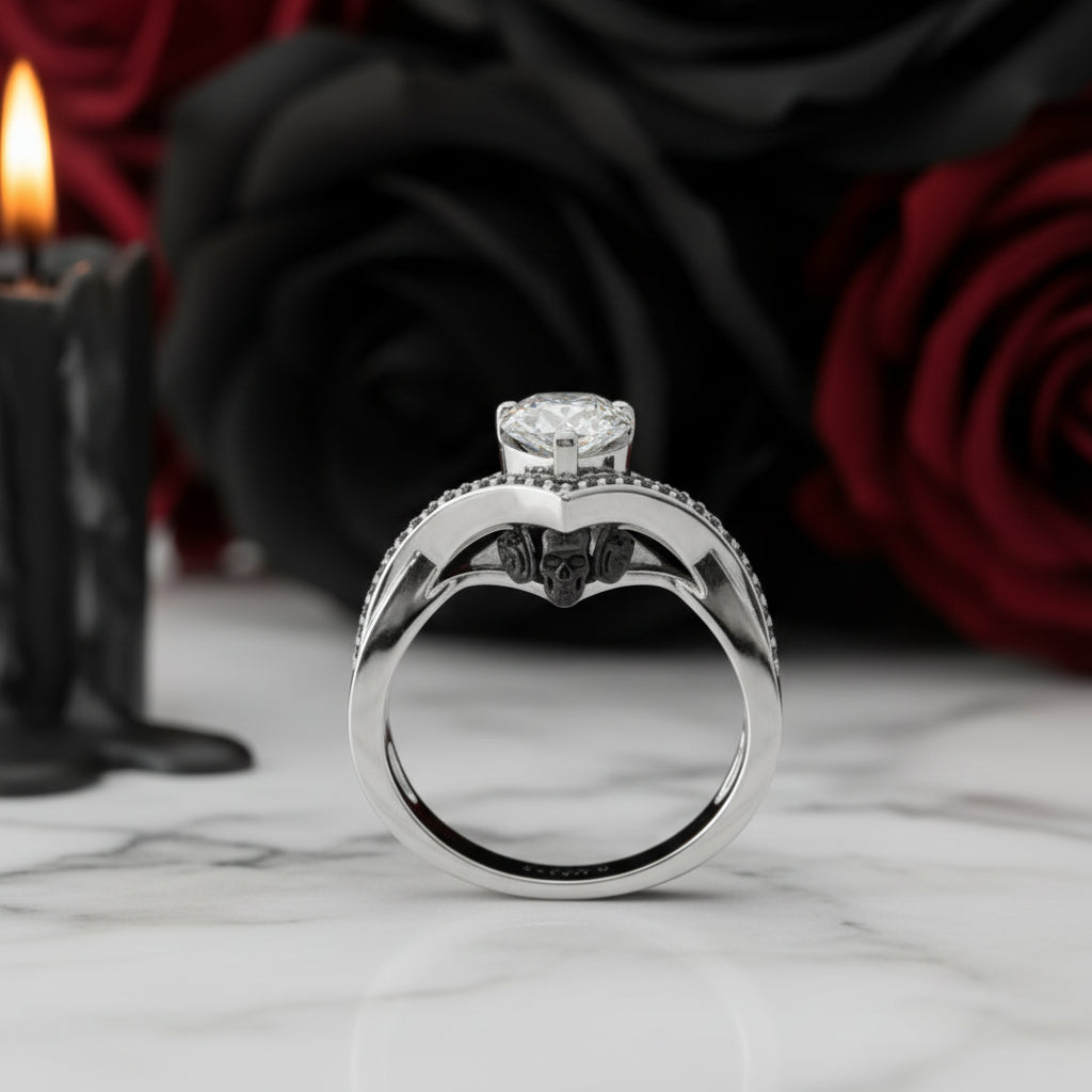 Only You- 1.5 Carat Pear Cut Diamond Skull & Roses Wedding Ring-Black Diamonds New York
