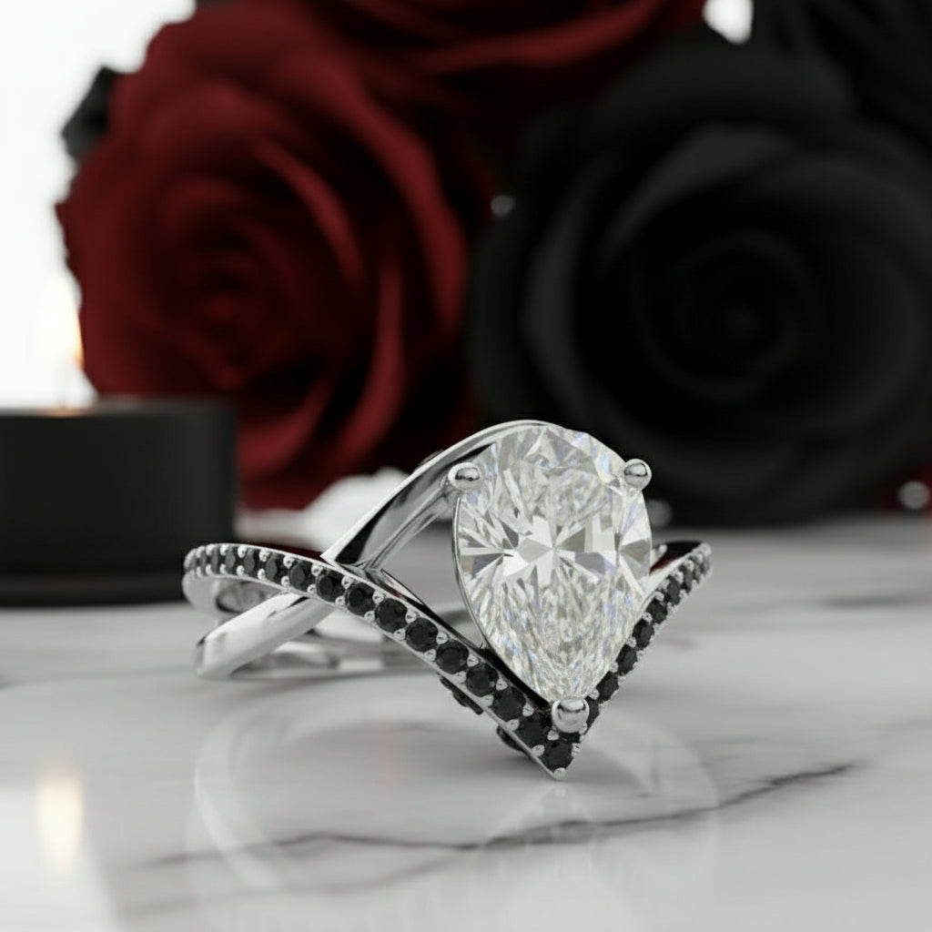 Only You- 1.5 Carat Pear Cut Diamond Skull & Roses Wedding Ring-Black Diamonds New York