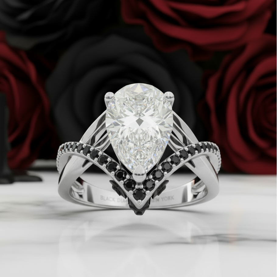 Only You- 1.5 Carat Pear Cut Diamond Skull & Roses Wedding Ring-Black Diamonds New York