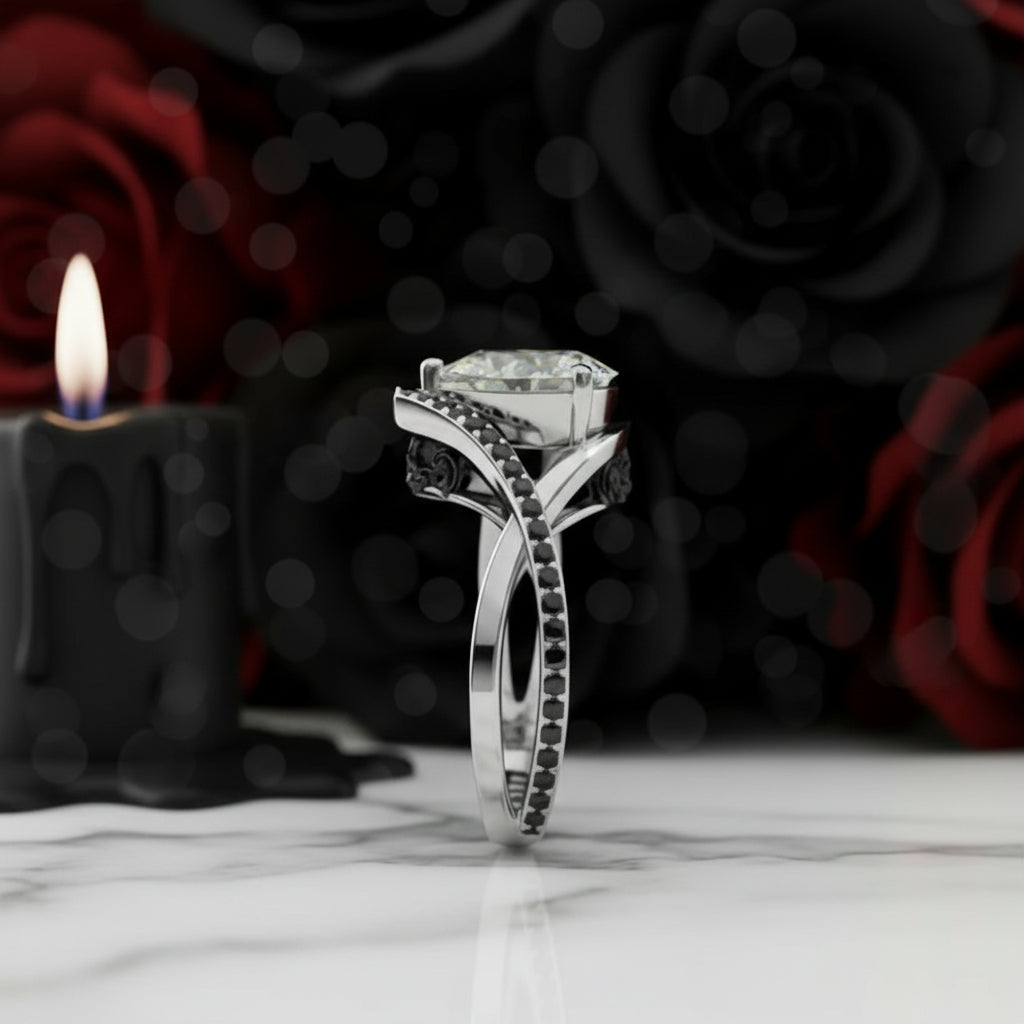 Only You- 1.5 Carat Pear Cut Diamond Skull & Roses Wedding Ring-Black Diamonds New York