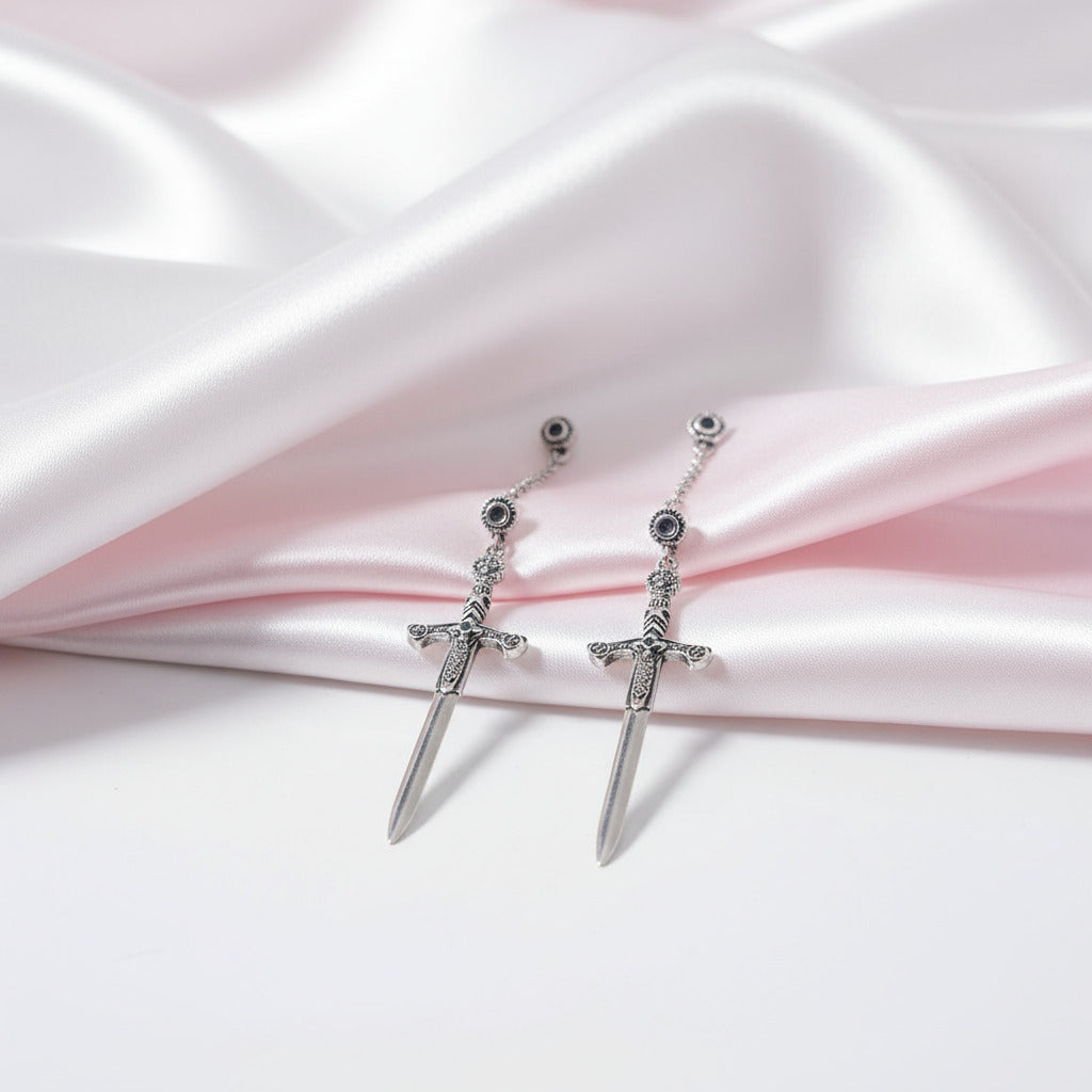 Ornamented Punk Sword Drop Earrings-Black Diamonds New York