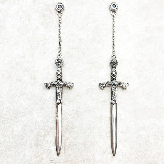 Ornamented Punk Sword Drop Earrings-Black Diamonds New York