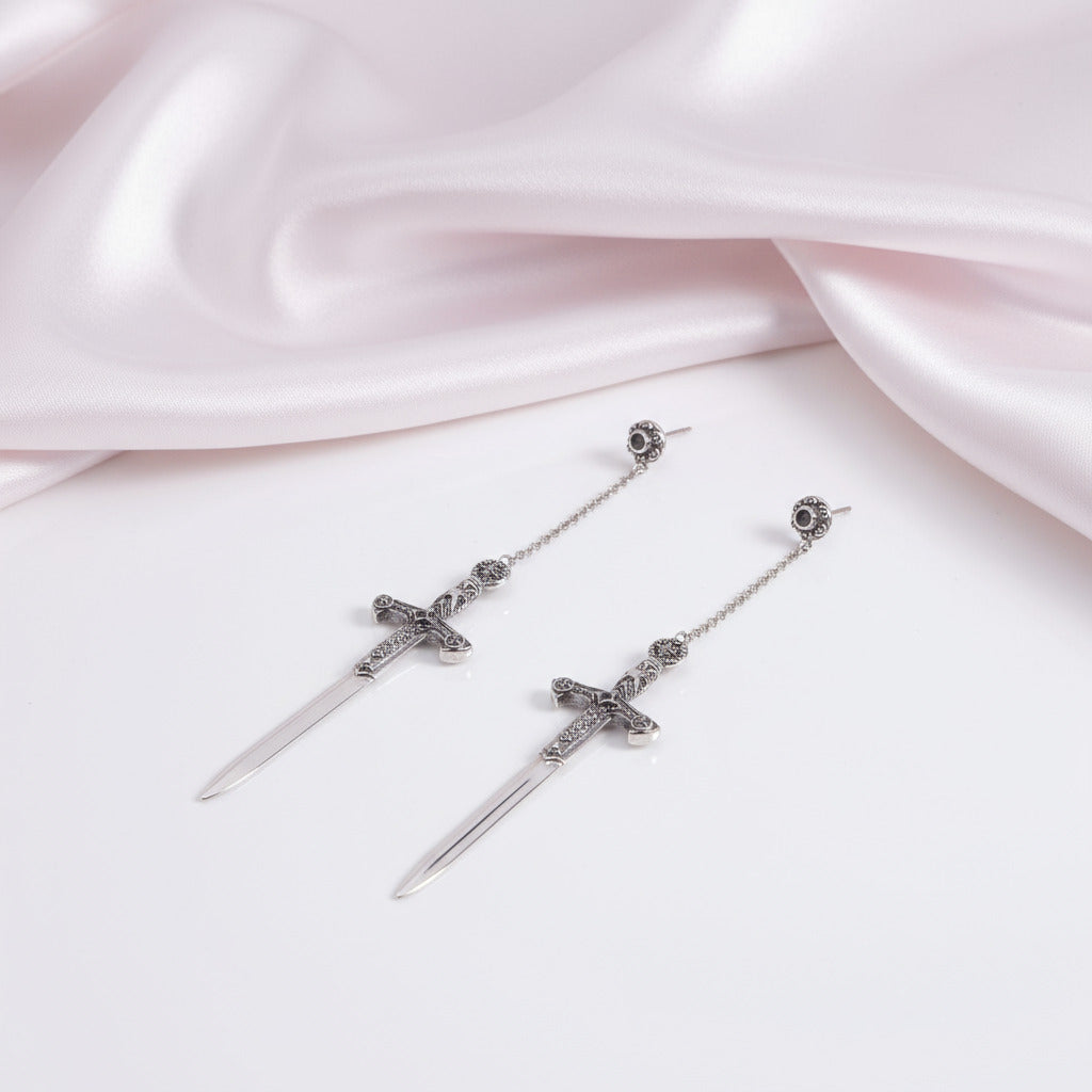 Ornamented Punk Sword Drop Earrings-Black Diamonds New York