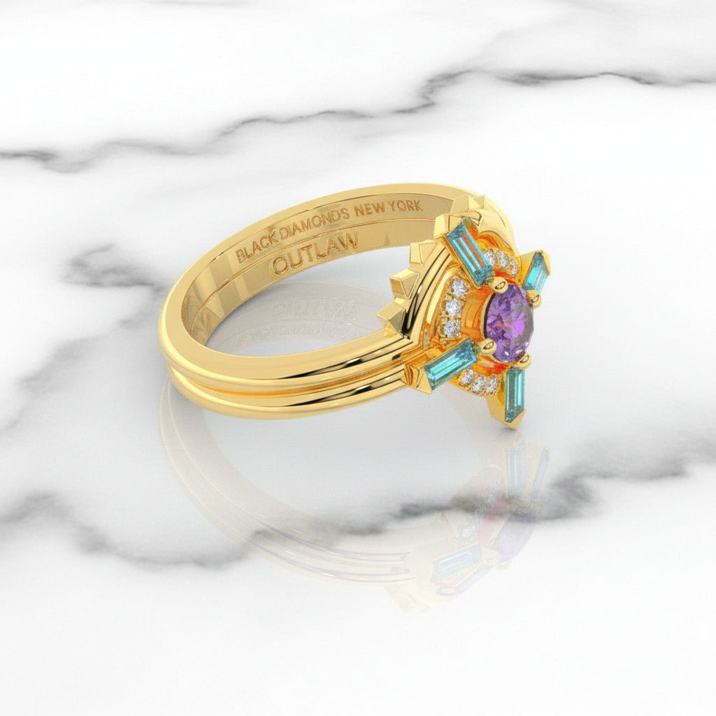 Outlaw's Ring Set- 14k Yellow Gold Video Game Inspired Rings-Black Diamonds New York