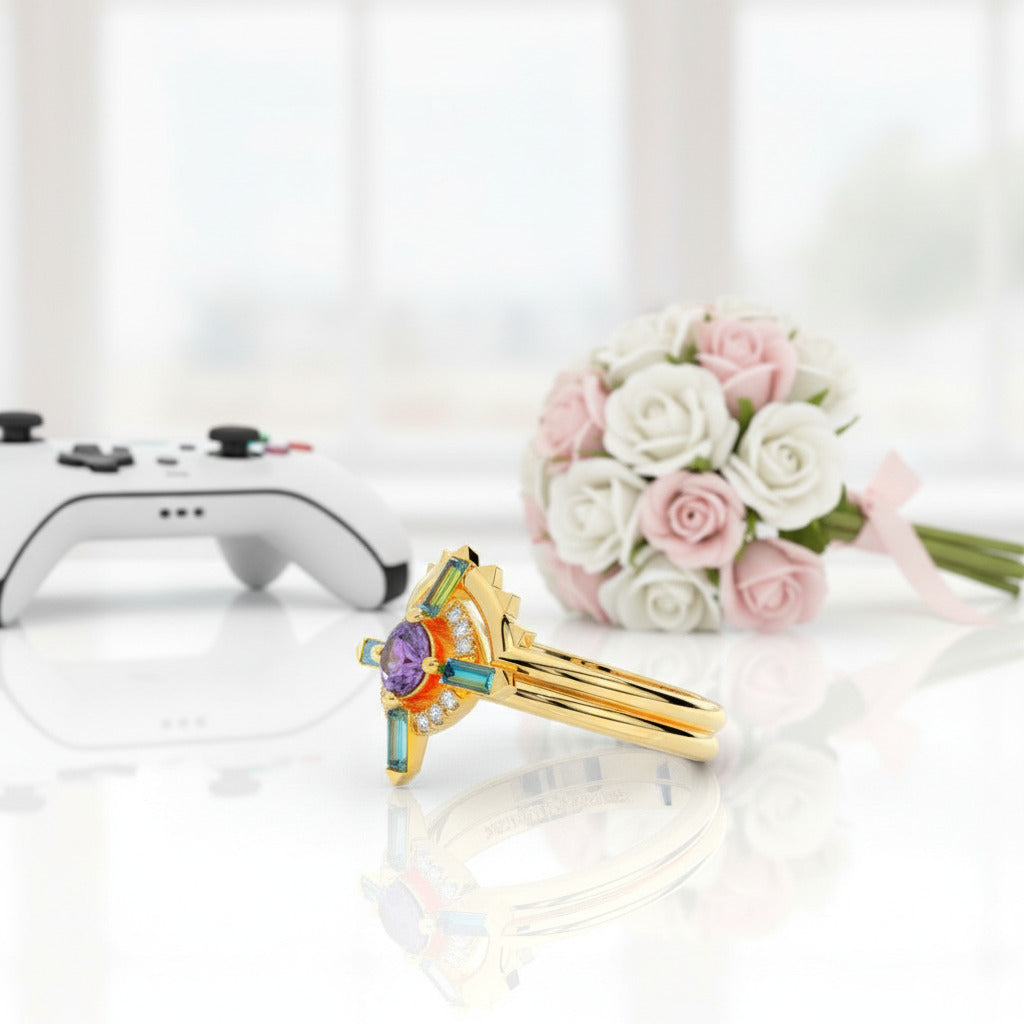 Outlaw's Ring Set- 14k Yellow Gold Video Game Inspired Rings-Black Diamonds New York
