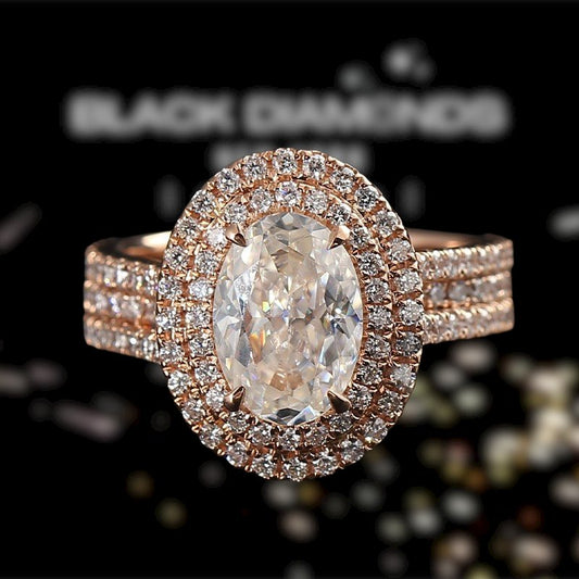 Oval Cut 14k Rose Gold Double Halo Engagement Ring - Black Diamonds New York