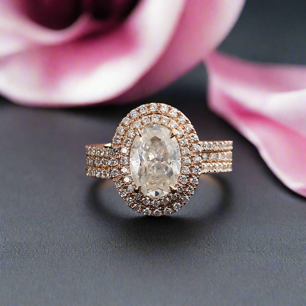 Oval Cut 14k Rose Gold Double Halo Engagement Ring-Black Diamonds New York